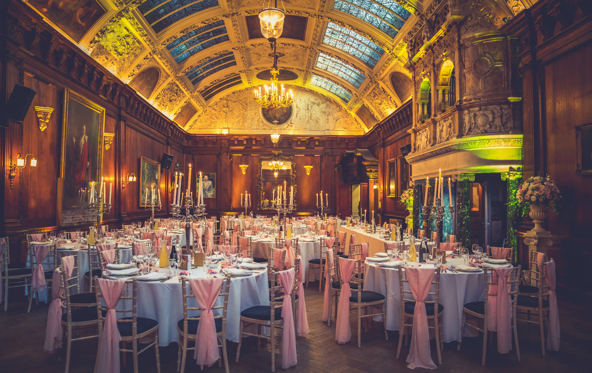 Banquet tables in a historic hall