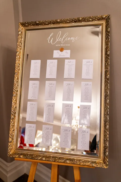 Seating plan displayed in an ornate gold frame