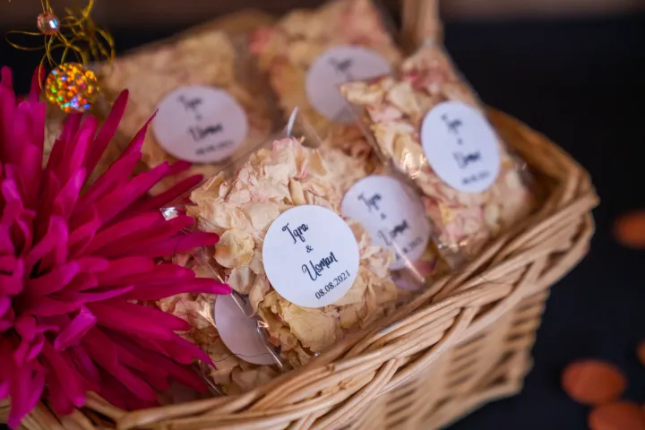 Personalised wedding favours in a basket