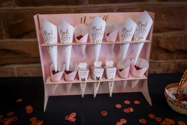 Confetti cones arranged in a display stand