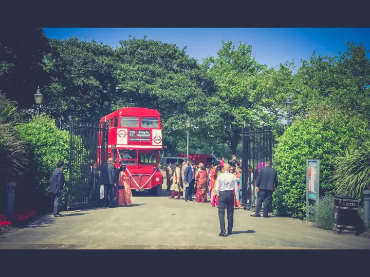 Vintage red double-decker wedding bus