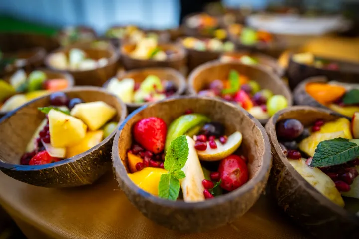 Fresh fruit served in coconut bowls