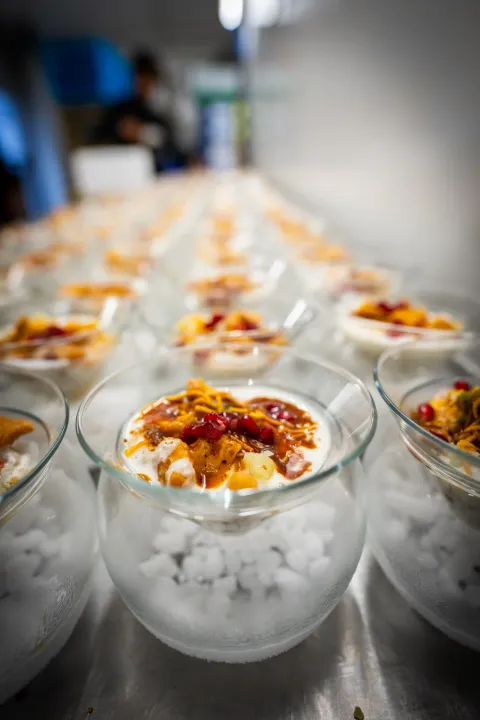 Individual bowls of savoury starters on ice