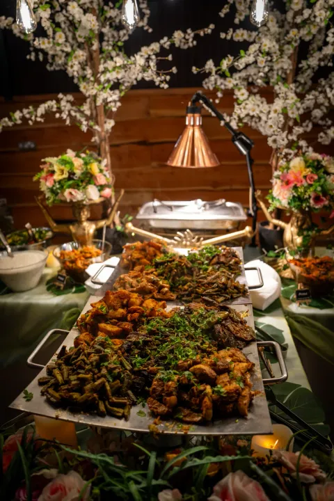 An abundant buffet beneath decorative flowering branches