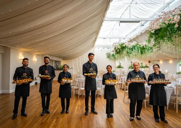 Catering team lined up with canapés in a marquee