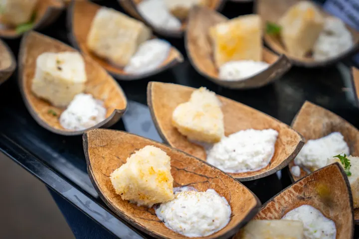 Small dessert portions served in leaf-shaped bowls
