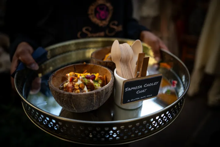 Chocolate dessert pots presented on a silver tray