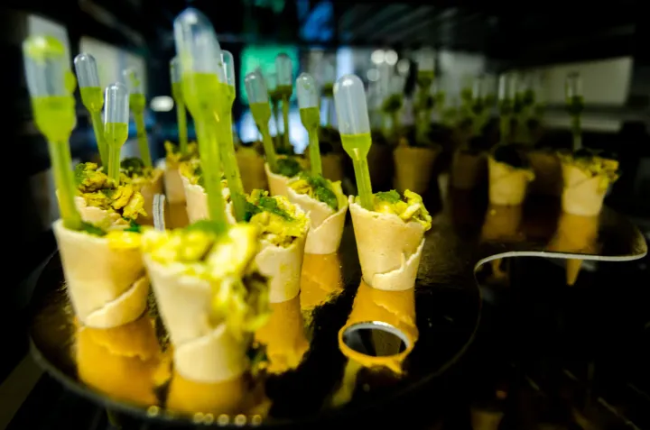 Savoury cones served with individual sauce pipettes