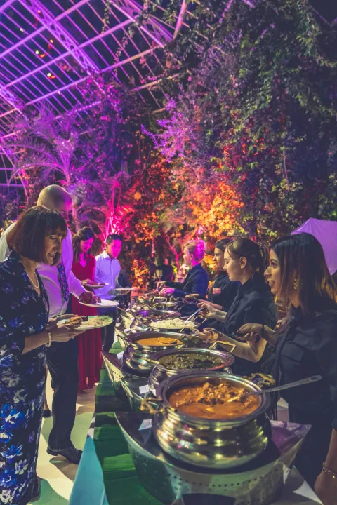 Guests enjoying a buffet beneath colourful evening lighting
