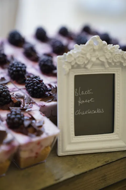 Berry desserts beside a framed label