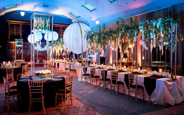 Evening table styling with suspended lanterns