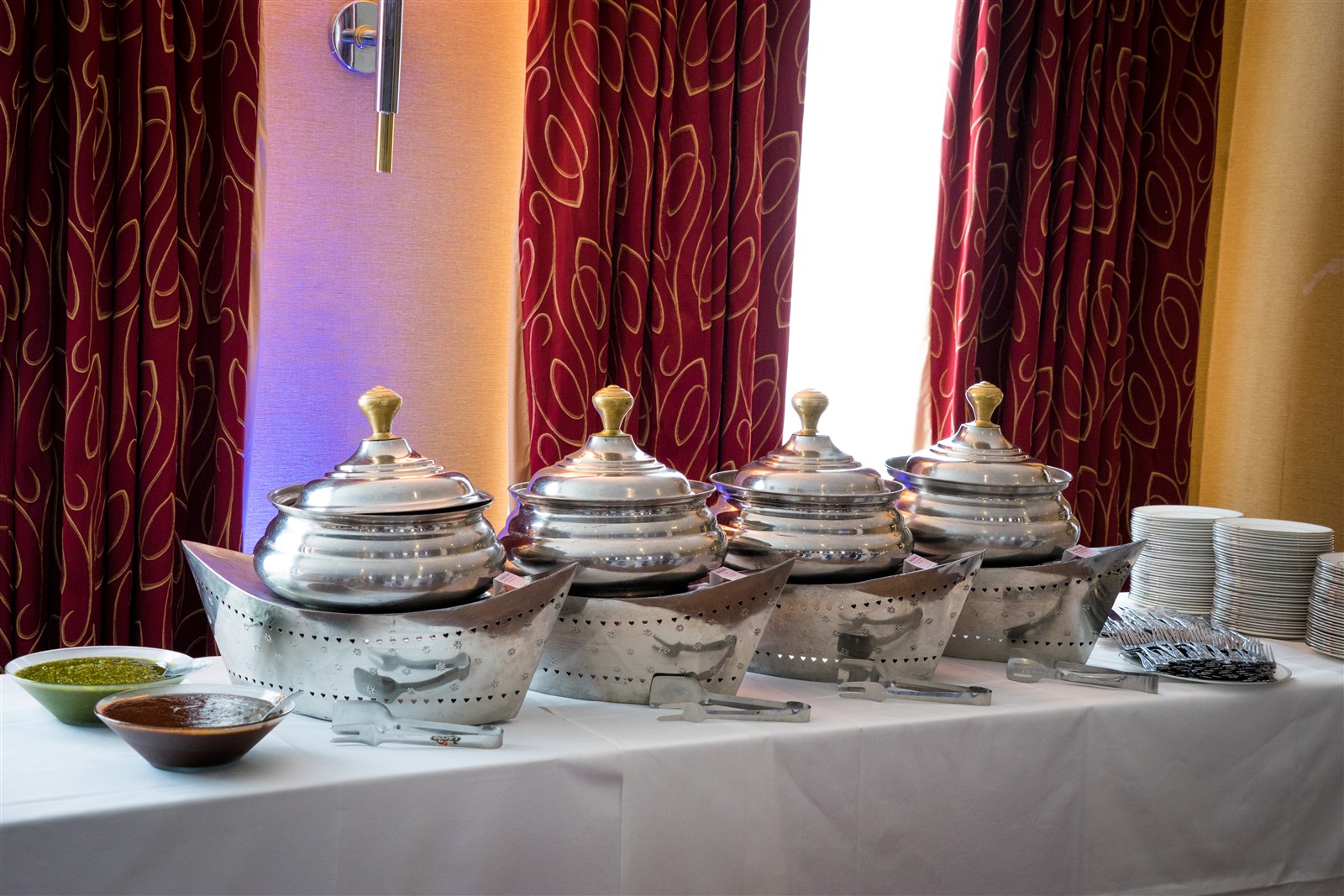 Buffet serving dishes ready for guests