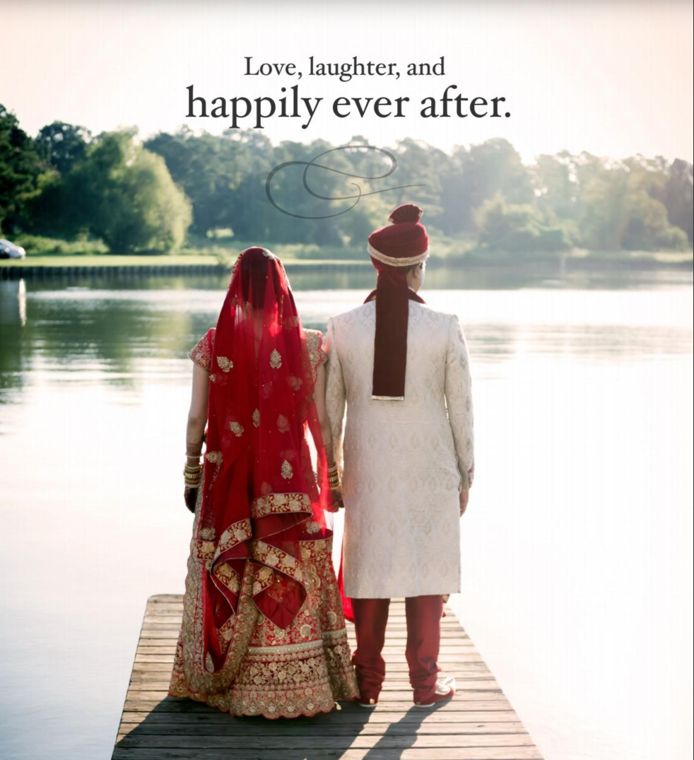 A newly married couple beside a lake, with the words: Love, laughter, and happily ever after.