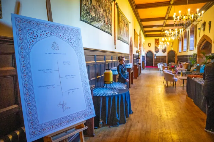 Welcome sign beside a historic dining hall
