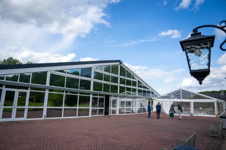 Modern glass-fronted event buildings
