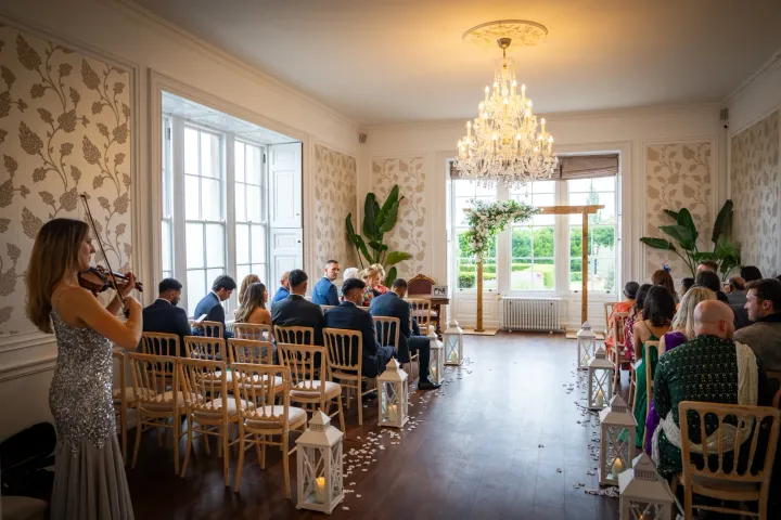 A wedding ceremony in a bright country-house room