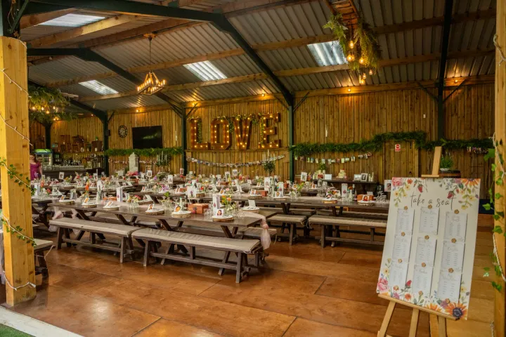 A barn dressed for a wedding reception