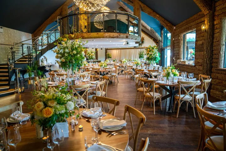 A reception room with a mezzanine balcony