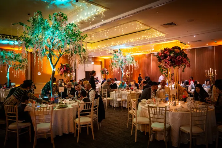 Guests dining beneath decorative trees and warm lighting