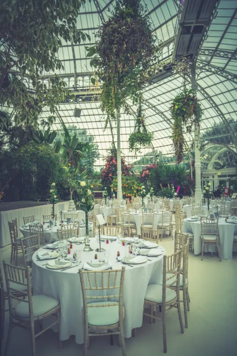 A round reception table among glasshouse plants